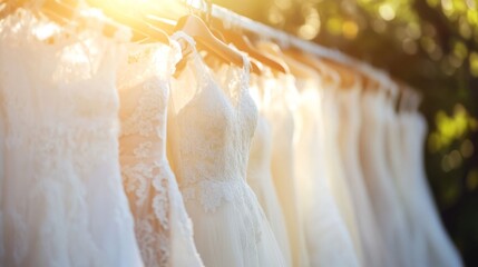Bridal elegance: sunlit collection of lace wedding dresses on hangers for special celebrations