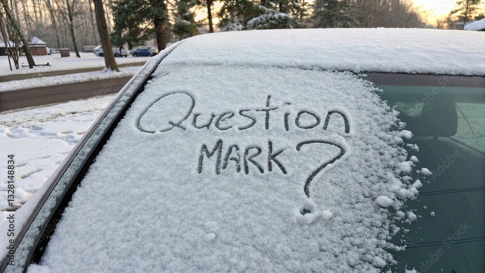 Poster a car with the word question written on it in the snow