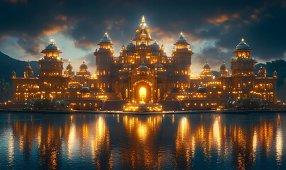 Obraz premium Golden Palace Reflecting on Water at Sunset