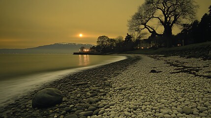 Obraz premium Sunset Over Serene Beach With Winding Path & Tree Silhouette, nature landscape