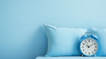 Naklejka premium Morning routine inspiration with blue pillows and alarm clock on minimalist bedroom interior