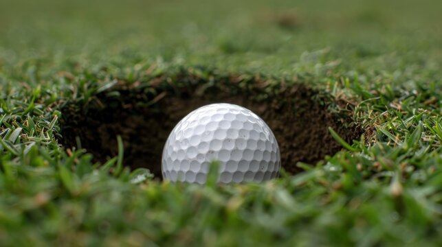 A golf ball perched on the lip of the cup, teasingly close to dropping in for a hole-in-one.