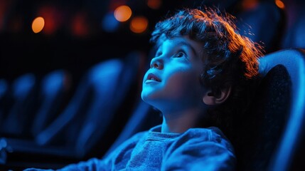 A boy watches a movie, bathed in blue light. Perfect for film, childhood, or entertainment themes.