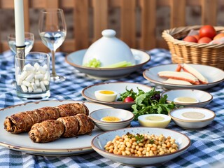 Festive Outdoor Seder Plate with Traditional Food and Matzah