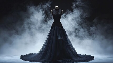 Elegant evening dress mockup displayed a mannequin with soft ambient lighting