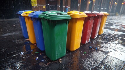 Colorful Recycling Bins in Wet City Street at Night