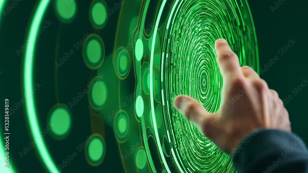 Poster hand reaching towards green digital screen creating puzzle-like effect in modern atelier setting wit
