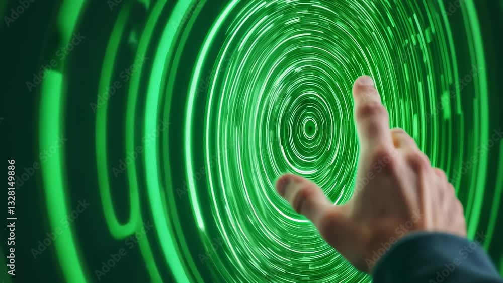 Poster hand reaching towards green digital screen creating puzzle-like effect in modern atelier setting wit