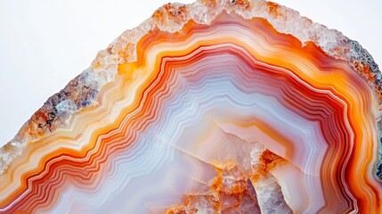 Vibrant agate geode slice with orange and white bands for interior design and natural decoration