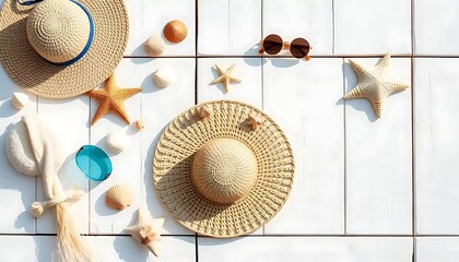 Coastal charm: sun-kissed accessories arranged on white wooden panels