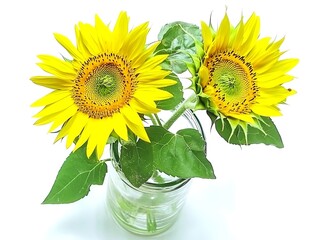 Obraz premium Beautiful Yellow Sunflowers in Clear Glass Vase on White Background