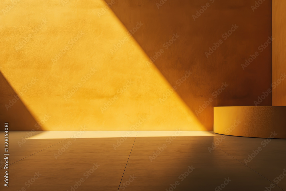 Poster 3d empty room with a warm yellow wall with a flat surface and the shadow of a round edge on it, crea