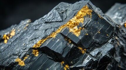 Striking close-up of gold veins in dark rock for mineral exploration and geology