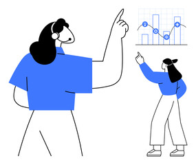 Woman pointing at analytical graph with rising statistics, emphasizing growth, success, strategy. Ideal for business, data, analytics, presentation, growth education flat simple metaphor