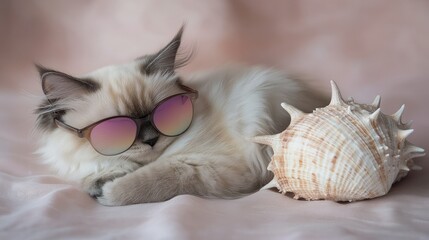 Obraz premium A stylish cat wearing sunglasses relaxes next to a large seashell on a soft, pastel background.