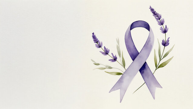 Epilepsy Awareness Day, Watercolor Card with  purple ribbon and lavender with Copy space