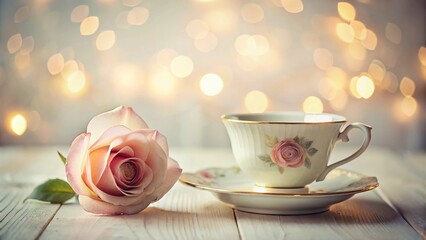 Minimalist Victoria Era Still Life: Elegant Teacup and Single Rose