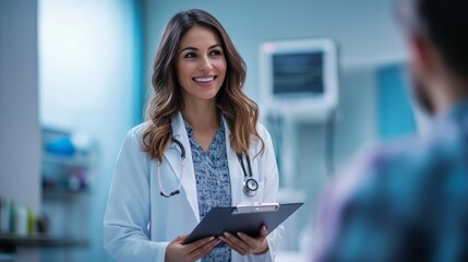Smiling female doctor holding clipboard in medical office discussing healthcare with patient