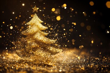 Naklejka premium Sparkling Gold Christmas Tree with Twinkling Star and Festive Glitter, celebration and glittering wallpaper