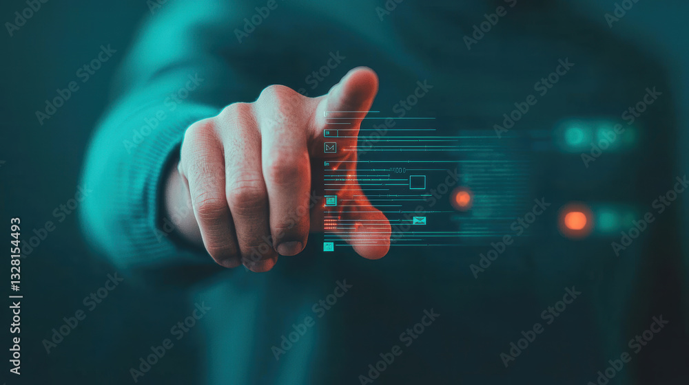 Poster hand reaching towards digital interface with glowing icons and data