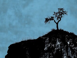 Silhouette of a Lone Tree on a Rocky Hill Under a Blue Sky, painting illustration landscape