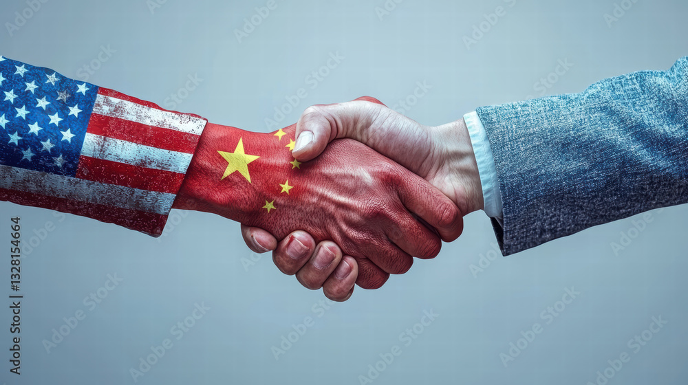Poster handshake between usa and china flags symbolizes cooperation and unity