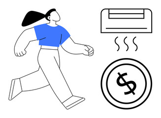 Woman walking confidently, air conditioner emitting heat, dollar sign representing energy costs. Ideal for energy savings, climate control, cost analysis, eco-awareness, financial balance, comfort