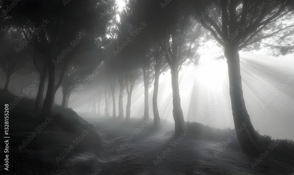 Poster sun rays pierce through dense fog, illuminating a path within a mysterious forest. shadows and light