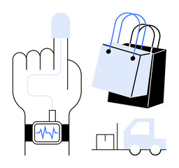 Smartwatch monitoring heart rate on finger, shopping bag, delivery truck with package. Ideal for technology, health, e-commerce, logistics, wearable tech smart devices modern lifestyle. Abstract