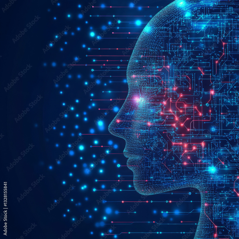 Poster human-like profile with circuitry and lights in abstract futuristic style