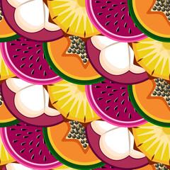 Exotic fruit slices seamless botanical pattern vector illustration 