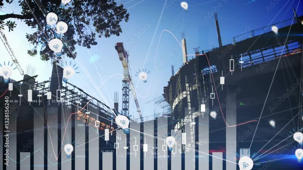 Poster in construction site, animation of data analytics and graphs overlaying cranes