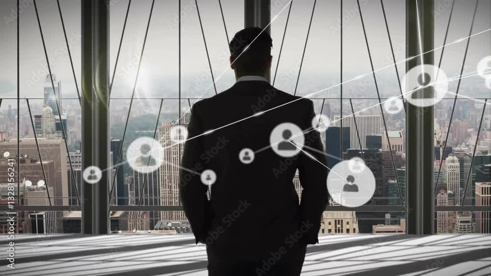 Poster overlooking cityscape, businessperson analyzing network connections and processing data animation