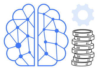 Brain with neural network, gear for innovation, stacks of coins for economy and profit. Ideal for AI, machine learning, fintech, automation, data analysis, strategy flat simple metaphor