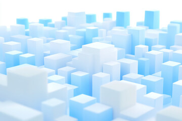 Obraz premium Abstract 3D geometric landscape composed of white and blue cubes, creating a futuristic cityscape illusion. The soft gradient lighting enhances the depth and dimensionality.