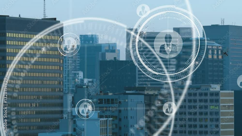 Poster digital network connections animating over cityscape with modern skyscrapers in view