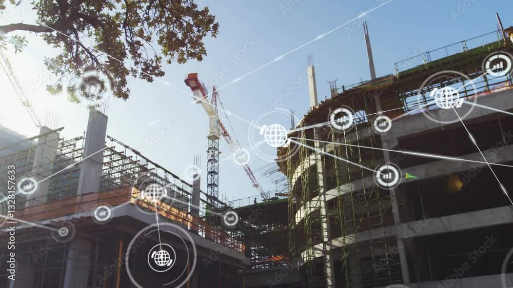 Poster digital network icons overlaying cranes and building structures at construction site