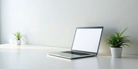 Fototapeta premium Minimalist White Studio Laptop Mockup: Clean Desk, Blank Screen