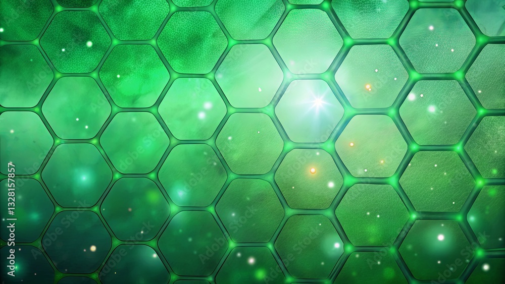 Poster a green background with hexagonal shapes and a bright light shining through