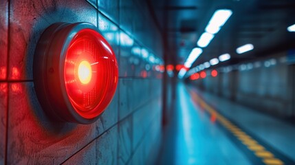 Subway emergency alert button, illuminated red, tunnel background