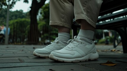 A close-up of a senior man's sneakers hints at an active lifestyle, poised for a walk in a park, signifying health and vitality in later years.