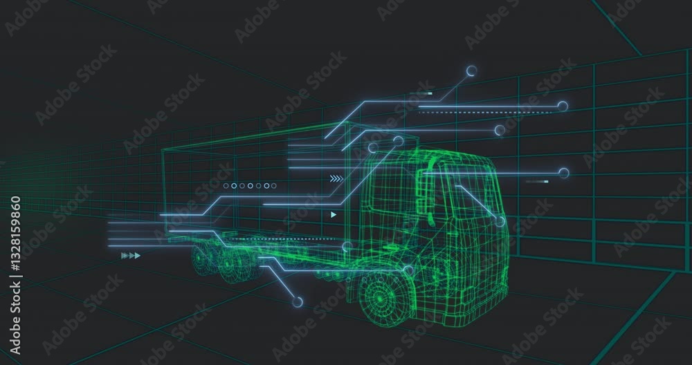 Poster animation of futuristic truck with digital wireframe and data processing elements