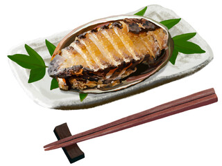 焼きアワビ（皿、箸付き）