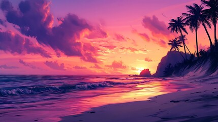 Vibrant Tropical Beach Sunset with Palm Trees and Waves, cloudy sky pink colored scene