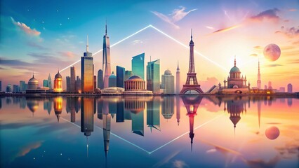 Obraz premium Minimalist World Travel Logo: Soft Hues & City Skylines