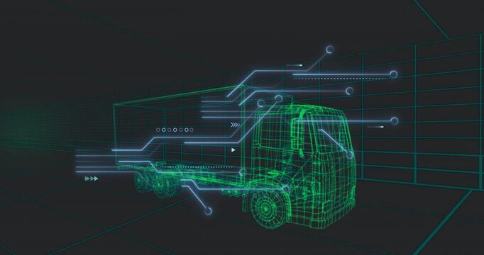 Animation of futuristic truck with digital wireframe and data processing elements - Powered by Adobe