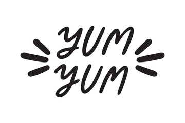 Yum Yum text lettering. Printable graphic. Design doodle for print. Cartoon hand drawn calligraphy style