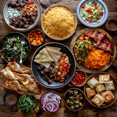 Savory Spread of Traditional Uzbek Cuisine: Colorful Array of Plov, Manti, Somsa, and Lavash