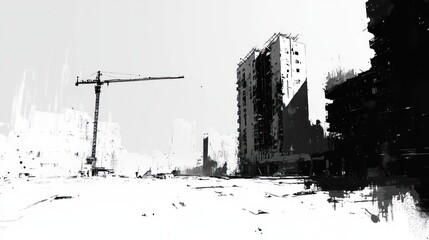 Gray-scale construction site, ruined buildings, crane
