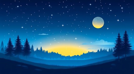 Peaceful Nighttime Forest Landscape Under Starry Sky and Full Moon, wide illustration scene